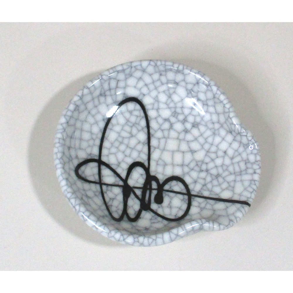 Deborah Shapiro Signed Grey Crackle Ceramic Spoon Rest Trinket Dish 5x4.5 in
